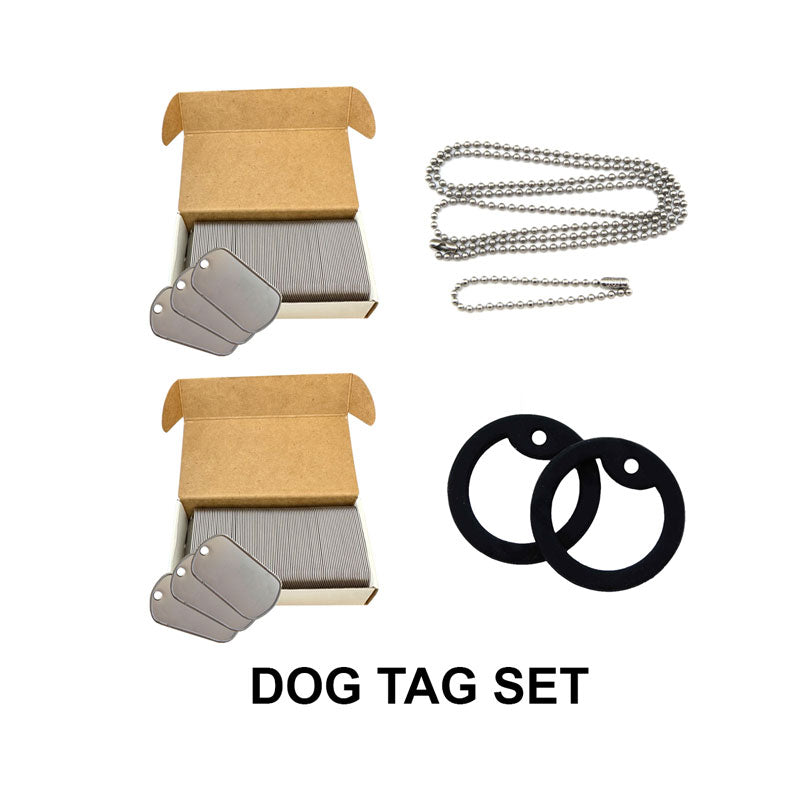 Dog tag set with metal tags, chain, and black silencers