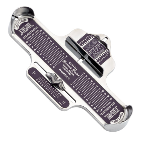 Womens Brannock Device - A metal women's shoe sizer with measurement markings for size and width.