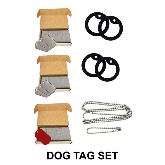 Military stamped dog tag set with red medical dog tags for 100 sets. Complete set with chains and silencers