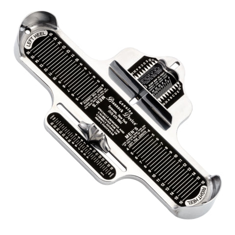Men's Brannock device a metal shoe sizer with measurement markings for men's footwear.